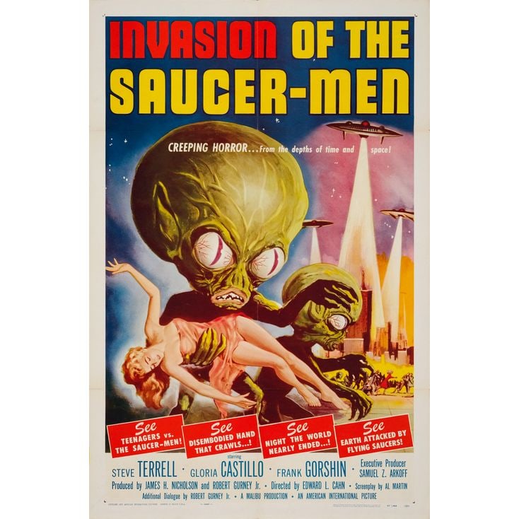 INVASION OF THE SAUCER-MEN - One Sheet (27" x 41"); Very Fine+ Folded: INVASION OF THE SAUCER-MEN One Sheet (27" x 41") ; Very Fine+ Folded; Artwork by Albert Kallis AIP, 1957 Featuring spectacular sci-fi artwork of eerie, large-headed a