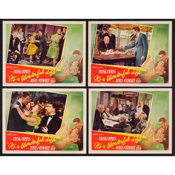 IT'S A WONDERFUL LIFE - Lobby Cards (4) (11" x 14"); The Collection of the Late J. Stephen Ryan;: IT'S A WONDERFUL LIFE Lobby Cards (4) (11" x 14"); Green Background Style ; The Collection of the Late J. Stephen Ryan Very Fine- RKO, 1946 Featuring popular scenes fr
