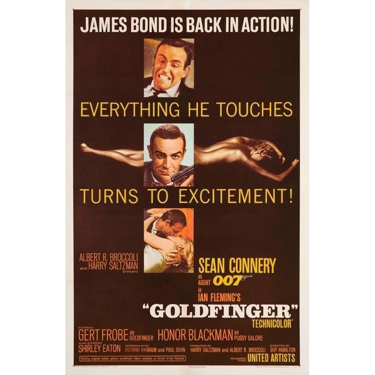 JAMES BOND: GOLDFINGER - One Sheet (27" x 41"); Flat Stock Style; Very Fine- on Linen: JAMES BOND: GOLDFINGER One Sheet (27" x 41"); Flat Stock Style ; Very Fine- on Linen United Artists, 1964 One of the perennial Bond favorites is this one sheet, which