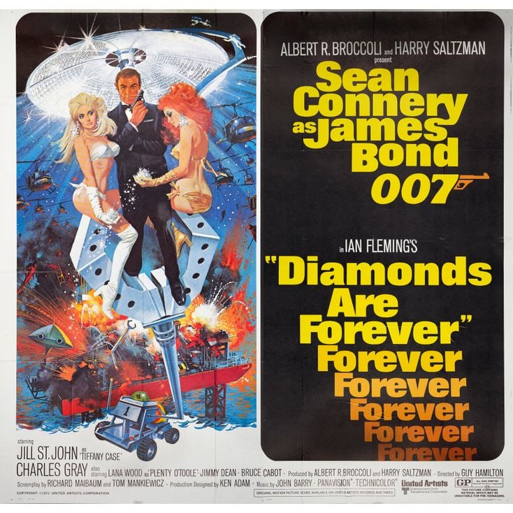 JAMES BOND: DIAMONDS ARE FOREVER - Six Sheet (79" x 80"); Very Fine+ Folded: JAMES BOND: DIAMONDS ARE FOREVER Six Sheet (79" x 80") ; Very Fine+ Folded; Artwork by Robert McGinnis United Artists, 1971 Printed on two panels and folded, this exa