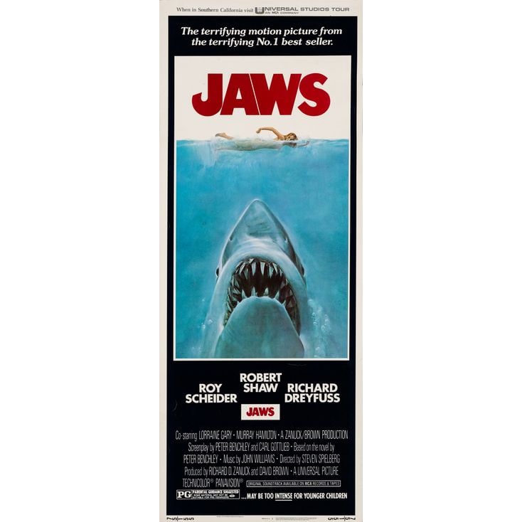 JAWS - Insert (14" x 36"); The Collection of the Late J. Stephen Ryan; Very Fine Rolled: JAWS Insert (14" x 36") ; The Collection of the Late J. Stephen Ryan Very Fine Rolled; Artwork by Roger Kastel Universal, 1975 This insert is rolled and displays a tin