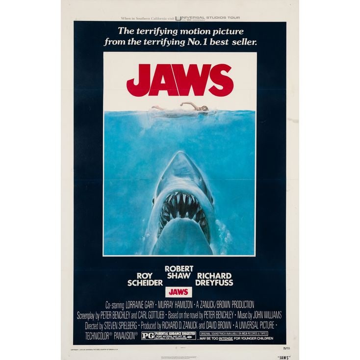 JAWS - One Sheet (27" x 41"); The Collection of the Late J. Stephen Ryan; Fine+ on Linen: JAWS One Sheet (27" x 41") ; The Collection of the Late J. Stephen Ryan Fine+ on Linen; Artwork by Roger Kastel Universal, 1975 This bright example was professionally