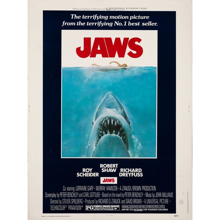 JAWS - 30 x 40; The Collection of the Late J. Stephen Ryan; Very Fine Rolled: JAWS 30 x 40 ; The Collection of the Late J. Stephen Ryan Very Fine Rolled; Artwork by Roger Kastel Universal, 1975 This poster is rolled and displays scattered border