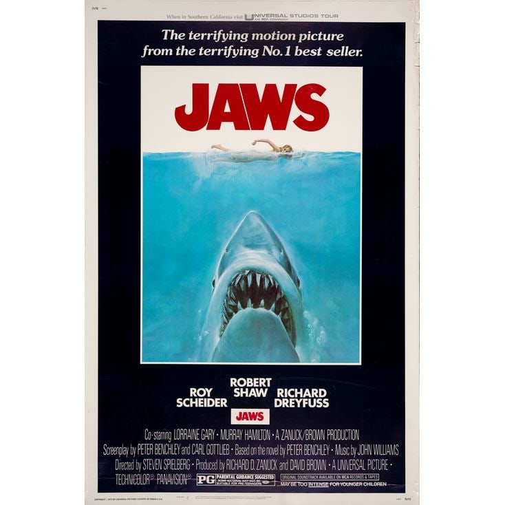JAWS - 40 x 60; The Collection of the Late J. Stephen Ryan; Fine+ Rolled: JAWS 40 x 60 ; The Collection of the Late J. Stephen Ryan Fine+ Rolled; Artwork by Roger Kastel Universal, 1975 More scarce in this format, this 40 x 60 poster is roll