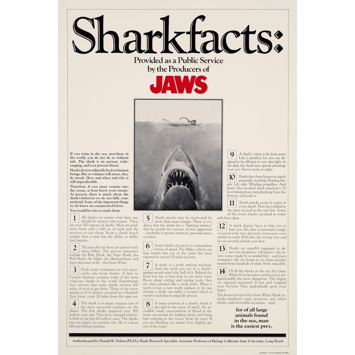 JAWS - One Sheet (27.25" x 41"); The Collection of the Late J. Stephen Ryan; Sharkfacts Style; Very: JAWS One Sheet (27.25" x 41"); Sharkfacts Style ; The Collection of the Late J. Stephen Ryan Very Fine on Linen; Artwork by Roger Kastel Universal, 1975 Encompassing t
