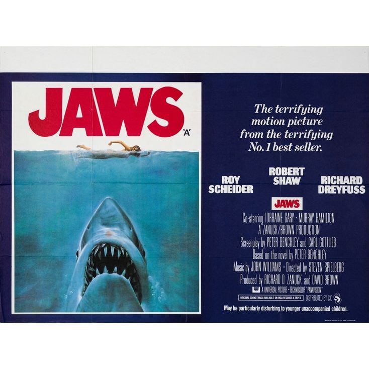 JAWS - British Quad (40" x 30"); The Collection of the Late J. Stephen Ryan; Very Fine+ Folded: JAWS British Quad (40" x 30") ; The Collection of the Late J. Stephen Ryan Very Fine+ Folded; Artwork by Roger Kastel Universal, 1975 This scarce poster is folded and