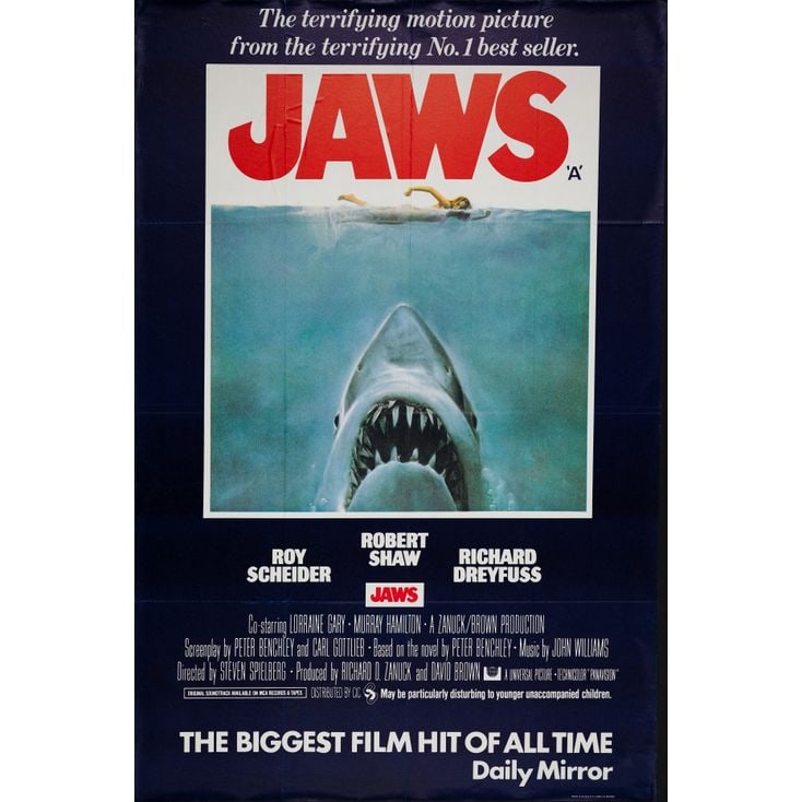 JAWS - British Bus Stop (40" x 60"); The Collection of the Late J. Stephen Ryan; Fine+ Folded: JAWS British Bus Stop (40" x 60") ; The Collection of the Late J. Stephen Ryan Fine+ Folded; Artwork by Roger Kastel Universal, 1975 Scarce in this format, this Britis