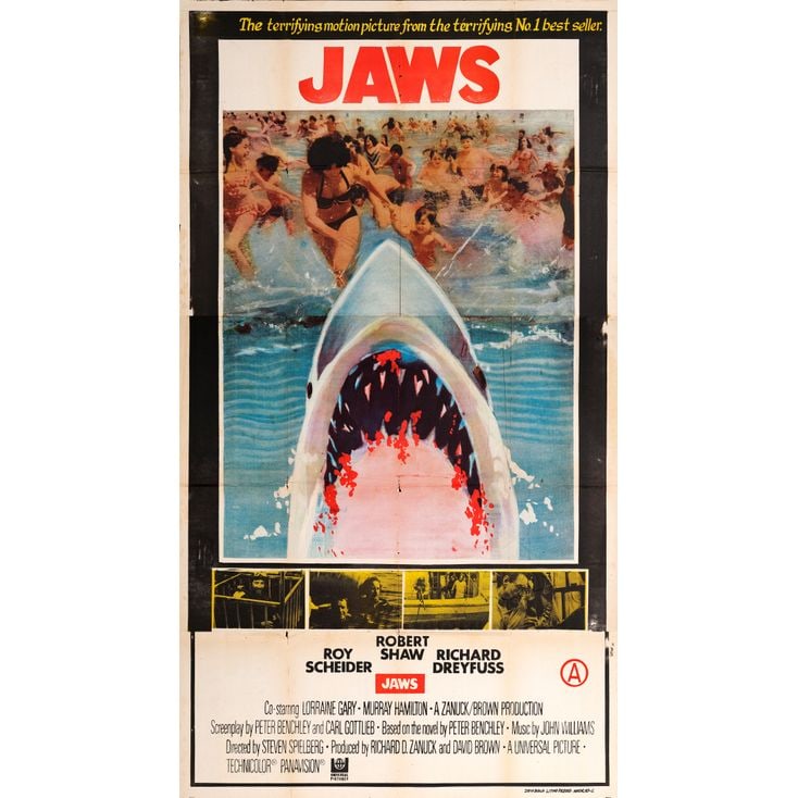JAWS - Indian Three Sheet (40" x 72.5"); The Collection of the Late J. Stephen Ryan; Very Fine-: JAWS Indian Three Sheet (40" x 72.5") ; The Collection of the Late J. Stephen Ryan Very Fine- Folded Universal Films of India, 1975 One of the most sought-after non-US