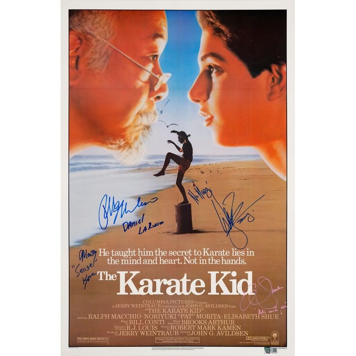 THE KARATE KID - One Sheet (27" x 41") Signed by Ralph Macchio, Elisabeth Shue, Martin Kove and: THE KARATE KID One Sheet (27" x 41") Signed by Ralph Macchio, Elisabeth Shue, Martin Kove and William Zabka (Beckett COA); Very Fine on Linen Columbia, 1984 This is a