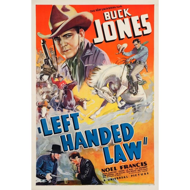 LEFT HANDED LAW - One Sheet (27" x 41"); Very Fine+ on Linen: LEFT HANDED LAW One Sheet (27" x 41") ; Very Fine+ on Linen Universal, 1937 Buck Jones, one of the truly great Western stars of the 1920s and 1930s, is beautifully de