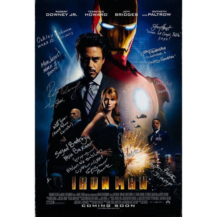 IRON MAN - One Sheet (27" x 40") Signed by Robert Downey Jr. and nine others (Beckett COA);: IRON MAN One Sheet (27" x 40"); International Double-Sided Advance Signed by Robert Downey Jr. and nine others (Beckett COA); Fine+ Rolled Paramount, 2008 This one sh
