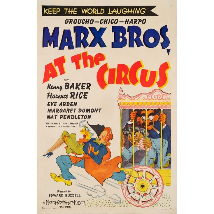 AT THE CIRCUS - One Sheet (27" x 41"); Style D; Very Fine- on Linen: AT THE CIRCUS One Sheet (27" x 41"); Style D ; Very Fine- on Linen; Artwork by Al Hirschfeld MGM, 1939 Showcasing superb images of Groucho, Chico, and Harpo Marx as d