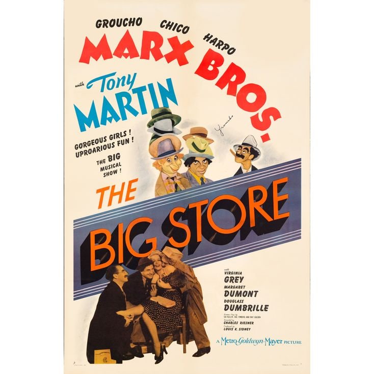 THE BIG STORE - One Sheet (27" x 41") Signed by Groucho Marx (Beckett COA); Style D; Fine+ on Linen: THE BIG STORE One Sheet (27" x 41"); Style D Signed by Groucho Marx (Beckett COA); Fine+ on Linen; Artwork by Al Hirschfeld MGM, 1941 This "Style D" one sheet feature