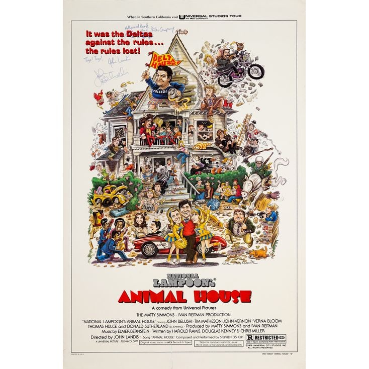 NATIONAL LAMPOON'S ANIMAL HOUSE - One Sheet (27" x 41") Signed by John Landis and John Belushi (JSA: NATIONAL LAMPOON'S ANIMAL HOUSE One Sheet (27" x 41"); Style B Signed by John Landis and John Belushi (JSA COA); Fine+ Rolled; Artwork by Rick Meyerowitz Universal, 1978