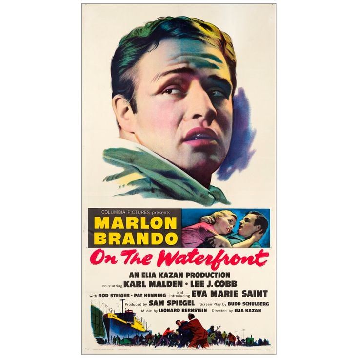 ON THE WATERFRONT - Three Sheet (41" x 74"); Very Fine on Linen: ON THE WATERFRONT Three Sheet (41" x 74") ; Very Fine on Linen Columbia, 1954 Marlon Brando and newcomer Eva Marie Saint are depicted in beautiful imagery on this thr