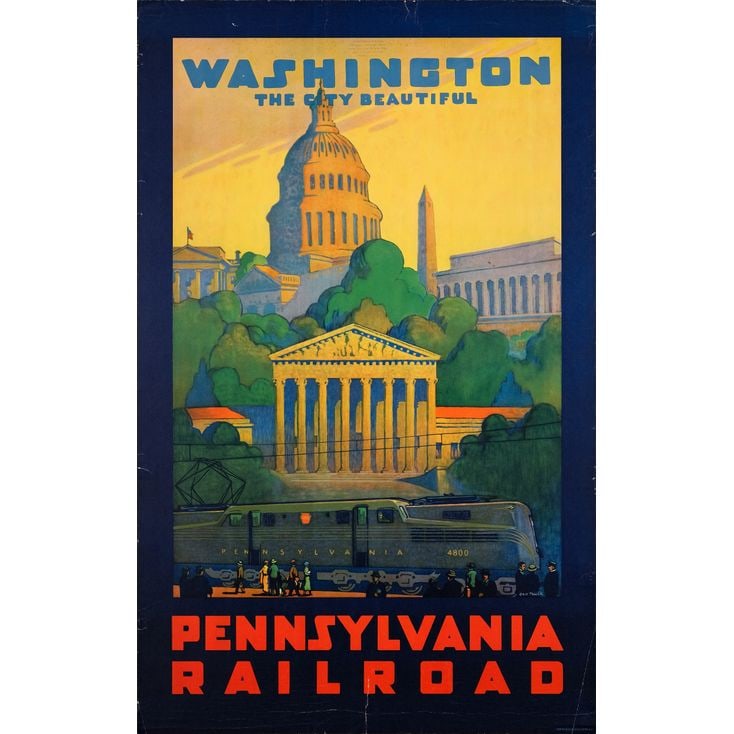 PENNSYLVANIA RAILROAD - Travel Poster (25" x 40"); "Washington: The City Beautiful"; Fine+ Rolled: PENNSYLVANIA RAILROAD Travel Poster (25" x 40"); "Washington: The City Beautiful" ; Fine+ Rolled; Artwork by Grif Teller Pennsylvania Railroad, c.1940 Issued by the P