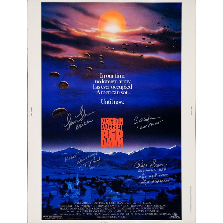 RED DAWN - 30 x 40 Signed by C. Thomas Howell, Charlie Sheen, Lea Thompson, Pepe Serna (JSA COA);: RED DAWN 30 x 40 Signed by C. Thomas Howell, Charlie Sheen, Lea Thompson, Pepe Serna (JSA COA); Very Fine- Rolled; Artwork by John Alvin MGM, 1984 Scarce in this form