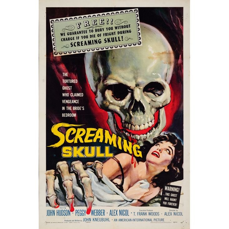 SCREAMING SKULL - One Sheet (27" x 41"); Very Fine- Folded: SCREAMING SKULL One Sheet (27" x 41") ; Very Fine- Folded; Artwork by Albert Kallis AIP, 1958 This fabulous poster is folded and shows pinholes, two tide stains on th
