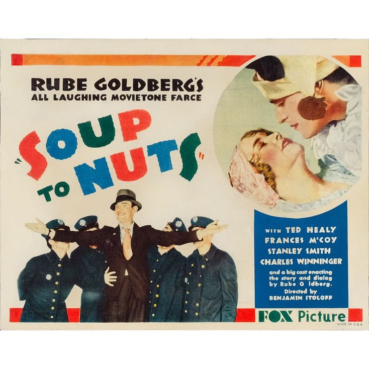 THREE STOOGES IN SOUP TO NUTS - Title Lobby Card (11" x 14"); Fine-: THREE STOOGES IN SOUP TO NUTS Title Lobby Card (11" x 14") ; Fine- Fox, 1930 Lobby cards from this film featuring Ted Healy, Shemp and Moe Howard, and Larry Fine are