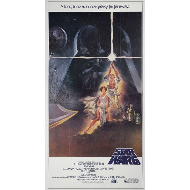 STAR WARS: A NEW HOPE - Three Sheet (40.5" x 77"); The Collection of the Late J. Stephen Ryan;: STAR WARS: A NEW HOPE Three Sheet (40.5" x 77"); International Style A ; The Collection of the Late J. Stephen Ryan Near Mint Folded; Artwork by Tom Jung 20th Century Fox, 1977