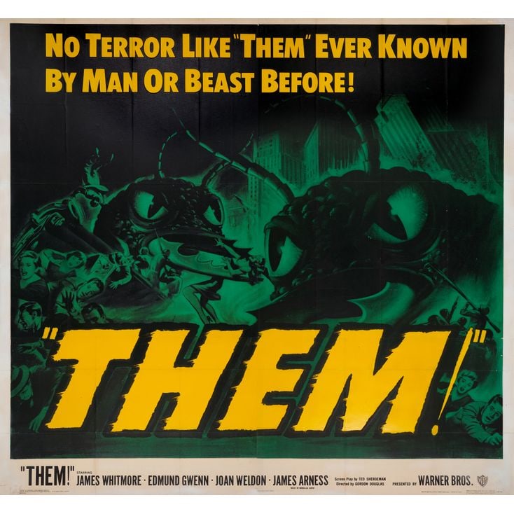 THEM! - Six Sheet (80" x 79"); The Collection of the Late J. Stephen Ryan; Fine+ on Linen: THEM! Six Sheet (80" x 79") ; The Collection of the Late J. Stephen Ryan Fine+ on Linen Warner Bros., 1954 Printed on four panels and folded with an additional fold, t