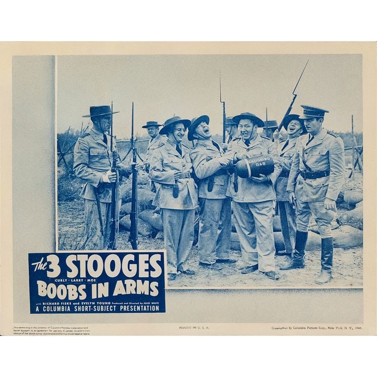THREE STOOGES: BOOBS IN ARMS - Lobby Card (11" x 14"); Fine-: THREE STOOGES: BOOBS IN ARMS Lobby Card (11" x 14") ; Fine- Columbia, 1940 Depicting US Army soldiers Moe, Larry, and Curly holding a bomb filled with Laughing Gas, t