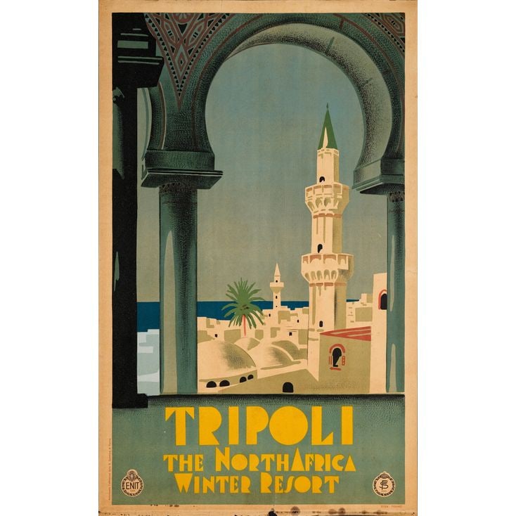 TRIPOLI - Travel Poster (24.5" x 39"); Very Fine- Rolled: TRIPOLI Travel Poster (24.5" x 39") ; Very Fine- Rolled ENIT, c.1930 Created to promote the beautiful Italian city of Tripoli, billed as "The North Africa Winter Reso