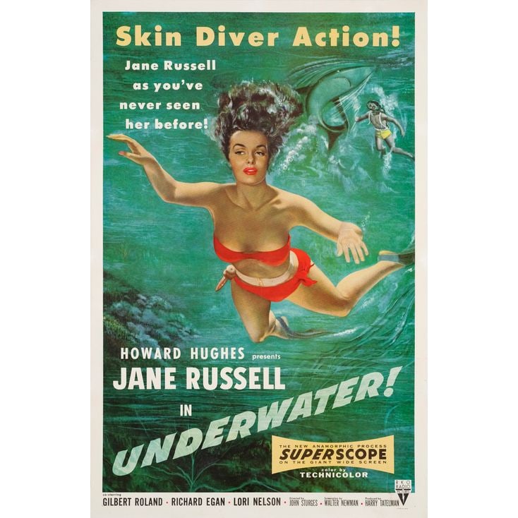 UNDERWATER! - One Sheet (27" x 41"); Very Fine+ on Linen: UNDERWATER! One Sheet (27" x 41") ; Very Fine+ on Linen RKO, 1955 Depicting beautiful, bikini-clad Jane Russell swimming underwater, this poster was professionally li