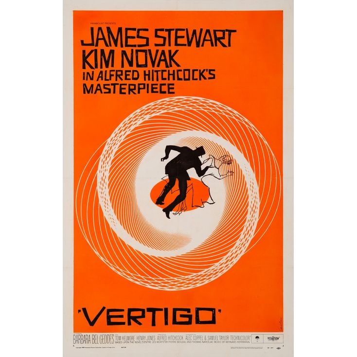 VERTIGO - One Sheet (27" x 41"); Very Fine- on Linen: VERTIGO One Sheet (27" x 41") ; Very Fine- on Linen; Artwork by Saul Bass Paramount, 1958 Designed by Saul Bass to mimic the effect of vertigo, this poster was profes