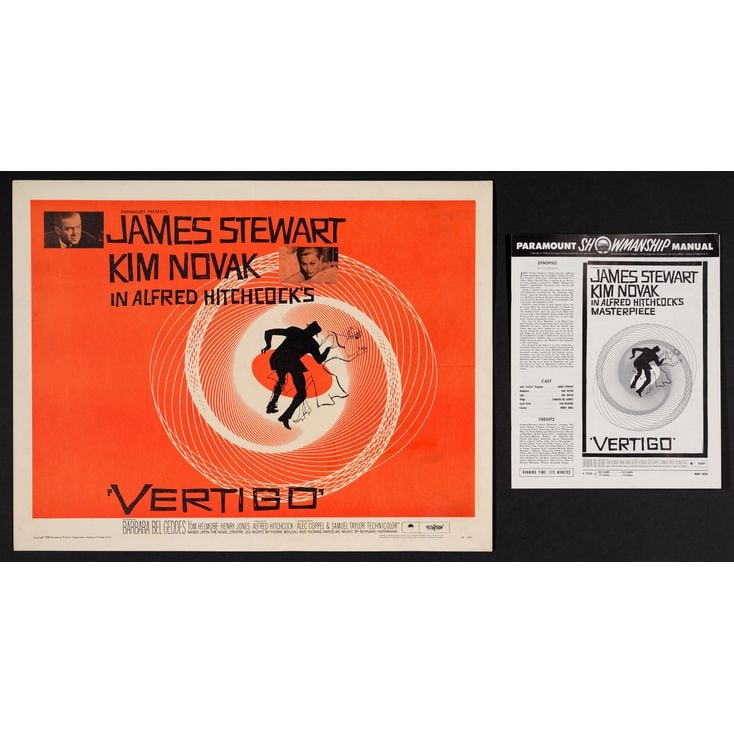 VERTIGO - Half Sheet + Uncut Pressbook (22" x 28", 12.25" x 15"); The Collection of the Late J.: VERTIGO Half Sheet + Uncut Pressbook (22" x 28", 12.25" x 15"); Style B ; The Collection of the Late J. Stephen Ryan Very Fine+ on Paper; Artwork by Saul Bass Paramount, 1958