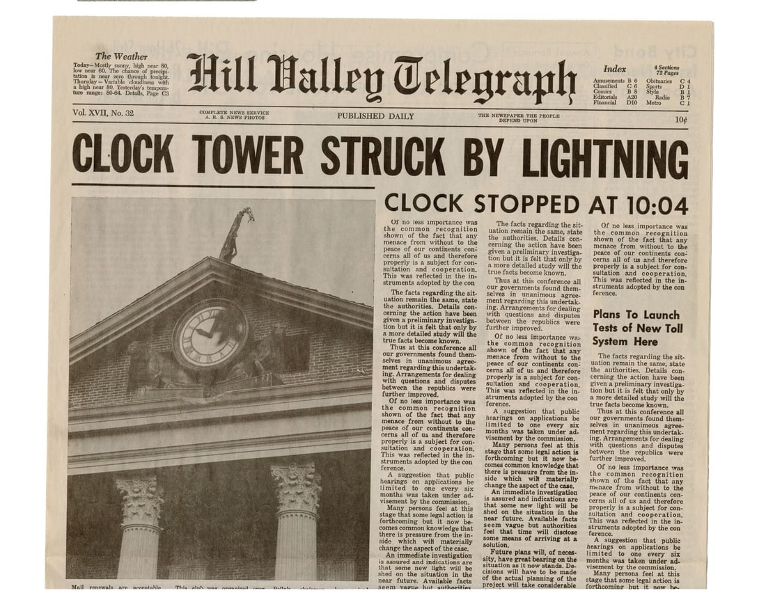BACK TO THE FUTURE (1985) - Production-Made "Clock Tower Struck By Lightning" Hill Valley Telegraph: BACK TO THE FUTURE (1985) - Production-Made "Clock Tower Struck By Lightning" Hill Valley Telegraph Newspaper Cover - A Hill Valley Telegraph newspaper cover headlined "Clock Tower Struck By