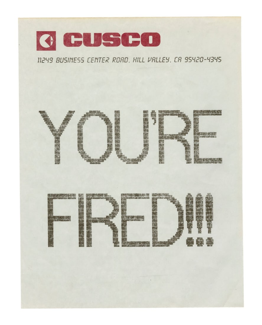 BACK TO THE FUTURE PART II (1989) - Marty McFly's (Michael J. Fox) Termination Fax: BACK TO THE FUTURE PART II (1989) - Marty McFly's (Michael J. Fox) Termination Fax - Marty McFly's (Michael J. Fox) termination fax from Robert Zemeckis' Back to the Future Part II. Mr. Fujitsu (Jim
