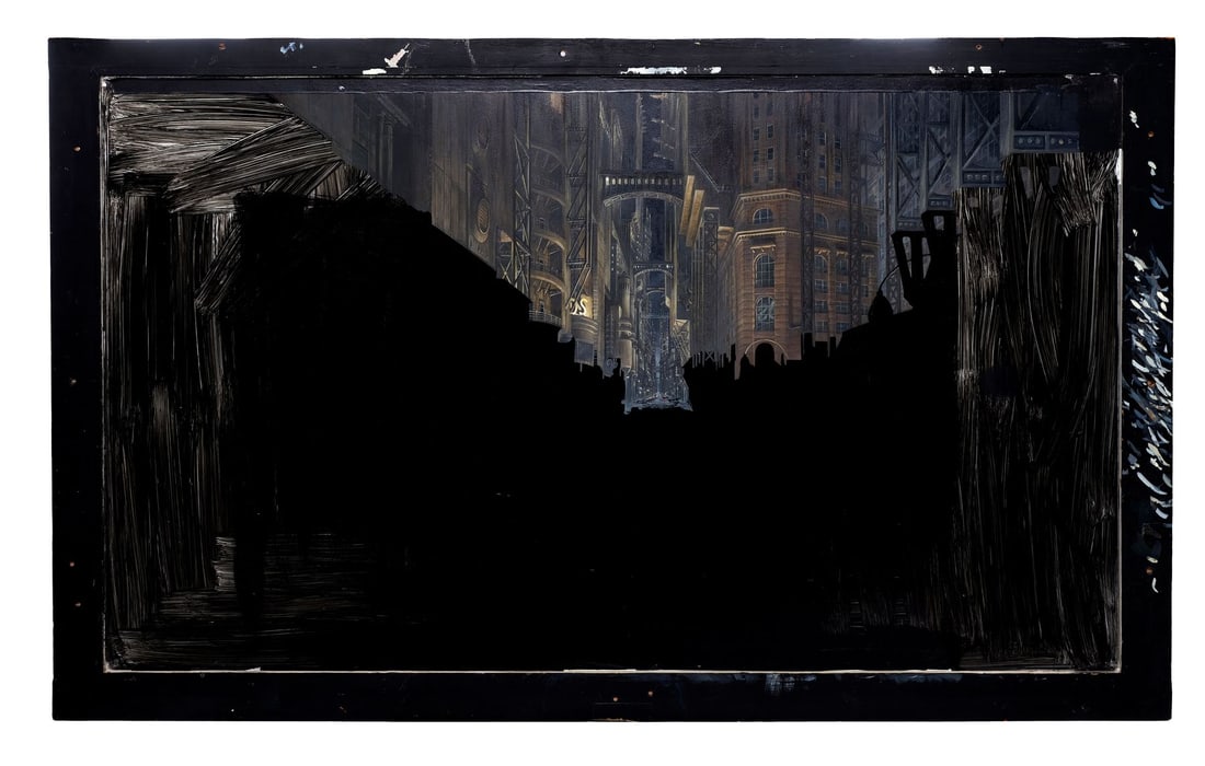 BATMAN (1989) - Hand-Painted Leigh Took Gotham City Matte Painting: BATMAN (1989) - Hand-Painted Leigh Took Gotham City Matte Painting - A matte painting of Gotham City hand-painted by matte artist Leigh Took for Tim Burton's Batman. This matte was created for an