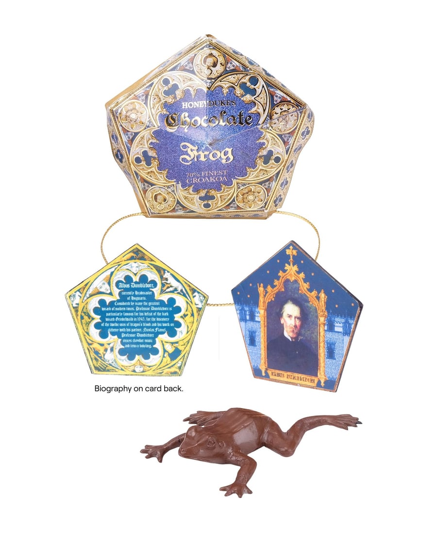 HARRY POTTER FRANCHISE (1997 - 2011) - Chocolate Frog Box with Chocolate Frog and Production-Made: HARRY POTTER FRANCHISE (1997 - 2011) - Chocolate Frog Box with Chocolate Frog and Production-Made Test Wizard Trading Card - A Chocolate Frog box with chocolate frog and production-made test wizard tr