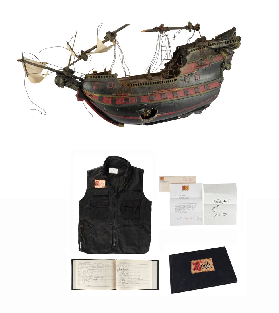 HOOK (1991) - Captain Hook's (Dustin Hoffman) Jolly Roger Model Miniature with Set of Crew Gifts: HOOK (1991) - Captain Hook's (Dustin Hoffman) Jolly Roger Model Miniature with Set of Crew Gifts - Captain Hook's (Dustin Hoffman) Jolly Roger model miniature with a set of crew gifts from Steven