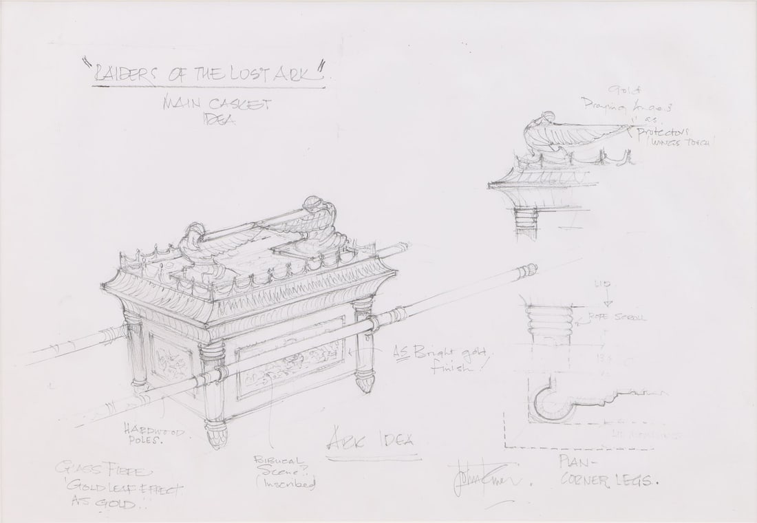 INDIANA JONES AND THE RAIDERS OF THE LOST ARK (1981) - Framed Hand-Drawn John Fenner Ark of the: INDIANA JONES AND THE RAIDERS OF THE LOST ARK (1981) - Framed Hand-Drawn John Fenner Ark of the Covenant Pencil Production Illustration - A framed hand-drawn Ark of the Covenant production