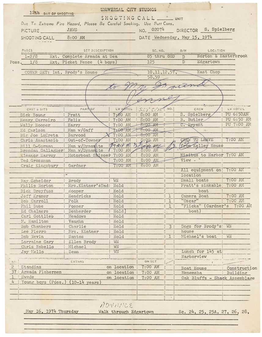 JAWS (1975) - Hand-Inscribed "Complete Armada at Sea" Shoot Call Sheet (1 of 2)