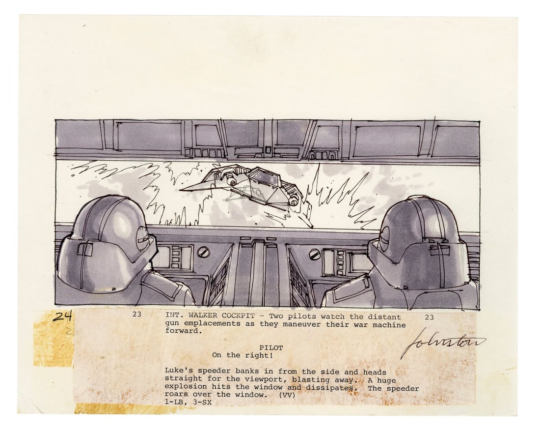STAR WARS: THE EMPIRE STRIKES BACK (1980) - Hand-Drawn Joe Johnston Battle of Hoth "Int. Walker: STAR WARS: THE EMPIRE STRIKES BACK (1980) - Hand-Drawn Joe Johnston Battle of Hoth "Int. Walker Cockpit" Storyboard - A storyboard hand-drawn by visual effects art director Joe Johnston for the Battle