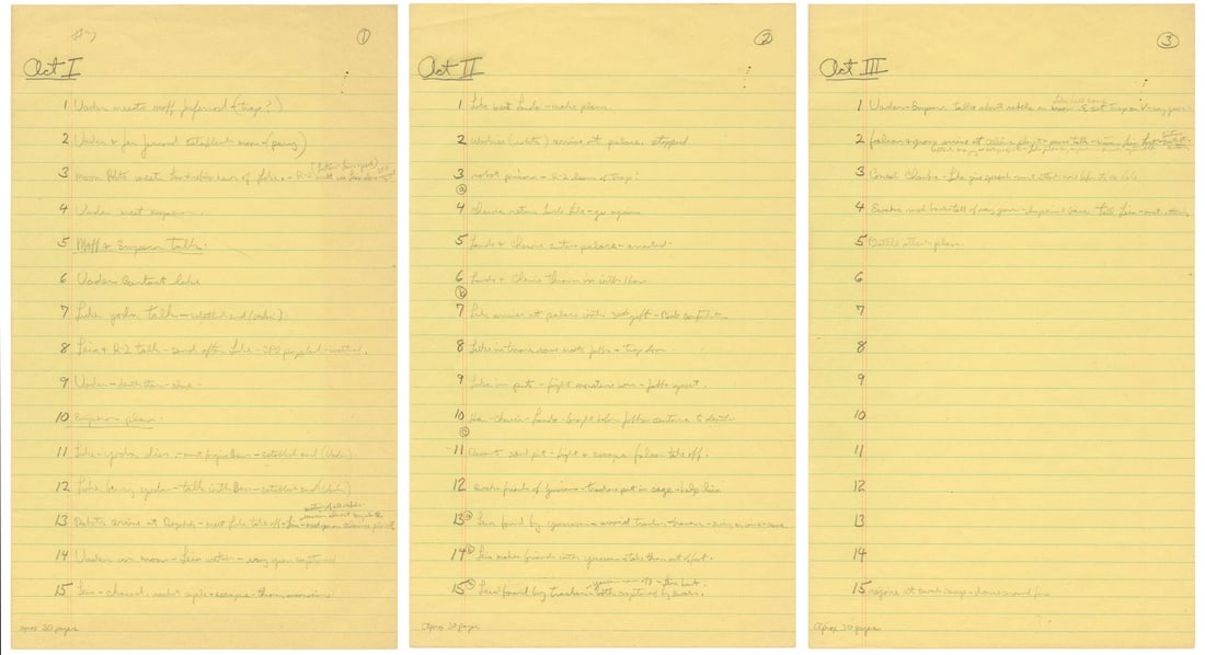 STAR WARS: RETURN OF THE JEDI (1983) - George Lucas' Handwritten Story Outline Pages for Acts I, II, (1 of 4)