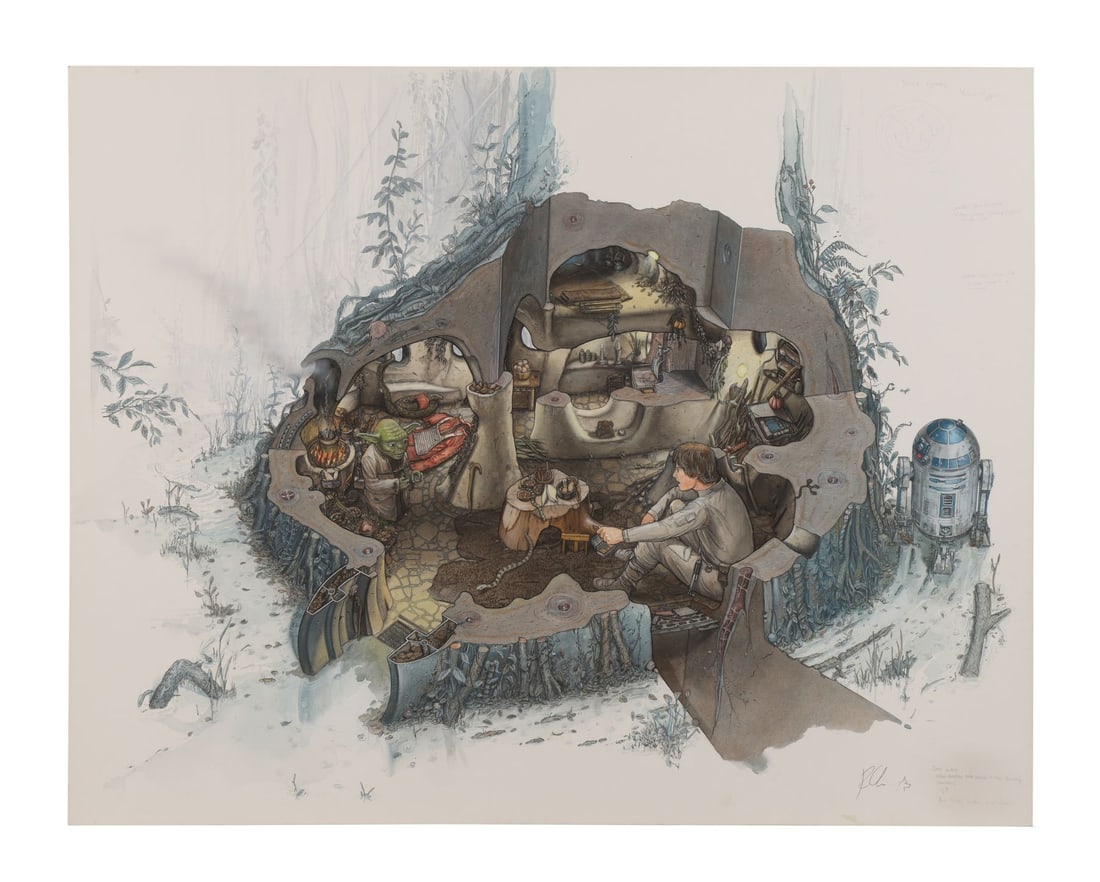 INSIDE THE WORLDS OF STAR WARS TRILOGY (2004) - Richard Chasemore Collection: Hand-Illustrated and: INSIDE THE WORLDS OF STAR WARS TRILOGY (2004) - Richard Chasemore Collection: Hand-Illustrated and Painted "Yoda's House" Artwork for Incredible Cross-Sections Books - Artwork of Yoda's house from Ric