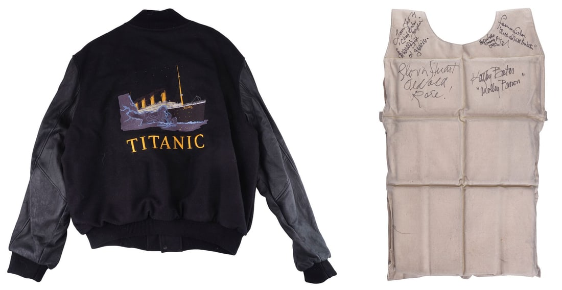 TITANIC (1997) - Cast-Autographed Life Vest with Crew Jacket: TITANIC (1997) - Cast-Autographed Life Vest with Crew Jacket - A life vest autographed by the cast and a crew jacket from the production of James Cameron's Titanic. Passengers used life vests