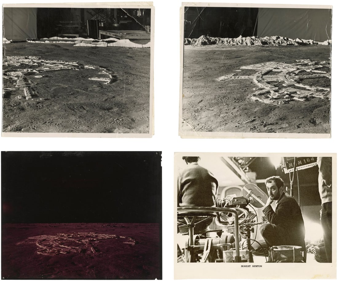 2001: A SPACE ODYSSEY (1968) - Richard Yuricich Collection: Stanley Kubrick "Robert Newton" Gag: 2001: A SPACE ODYSSEY (1968) - Richard Yuricich Collection: Stanley Kubrick "Robert Newton" Gag Photograph with Clavius Base Front Projection Transparency and Behind-the-Scenes Still - A gag photograp