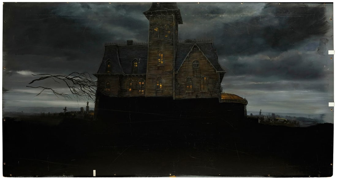ADDAMS FAMILY VALUES (1993) - Hand-Painted Addams Family House Matte Painting: ADDAMS FAMILY VALUES (1993) - Hand-Painted Addams Family House Matte Painting - A hand-painted matte painting of the Addams' Family house from Barry Sonnenfeld's Addams Family Values. Guests arrived