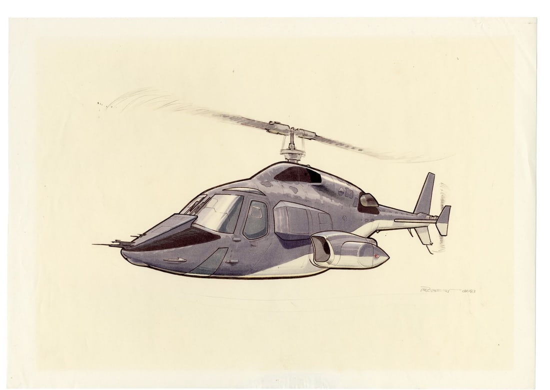 AIRWOLF (T.V. SERIES, 1984-1987) - Hand-Painted Andrew Probert Airwolf in Flight Artwork: AIRWOLF (T.V. SERIES, 1984-1987) - Hand-Painted Andrew Probert Airwolf in Flight Artwork - Concept artwork depicting the titular helicopter flying hand-painted by renowned concept designer and