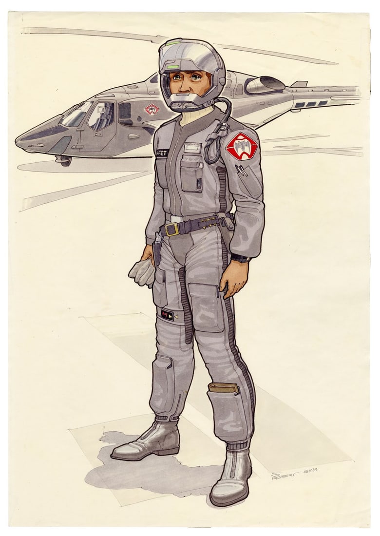AIRWOLF (T.V. SERIES, 1984-1987) - Hand-Painted Andrew Probert Airwolf Flightsuit Concept Artwork: AIRWOLF (T.V. SERIES, 1984-1987) - Hand-Painted Andrew Probert Airwolf Flightsuit Concept Artwork - Concept artwork for an Airwolf flightsuit hand-painted by renowned concept designer and storyboard