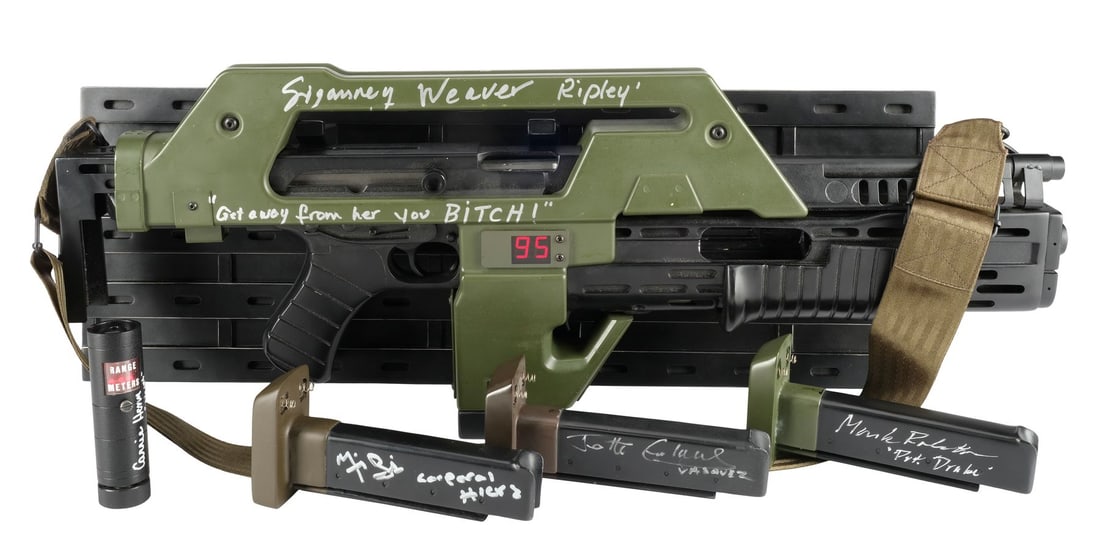 ALIENS (1986) - Sigourney Weaver-Autographed Light-Up Hollywood Collectibles Group Pulse Rifle and: ALIENS (1986) - Sigourney Weaver-Autographed Light-Up Hollywood Collectibles Group Pulse Rifle and Carrie Henn-Autographed Light-Up SD Studios "Locator Tube" Replicas with Set of Cast-Autographed