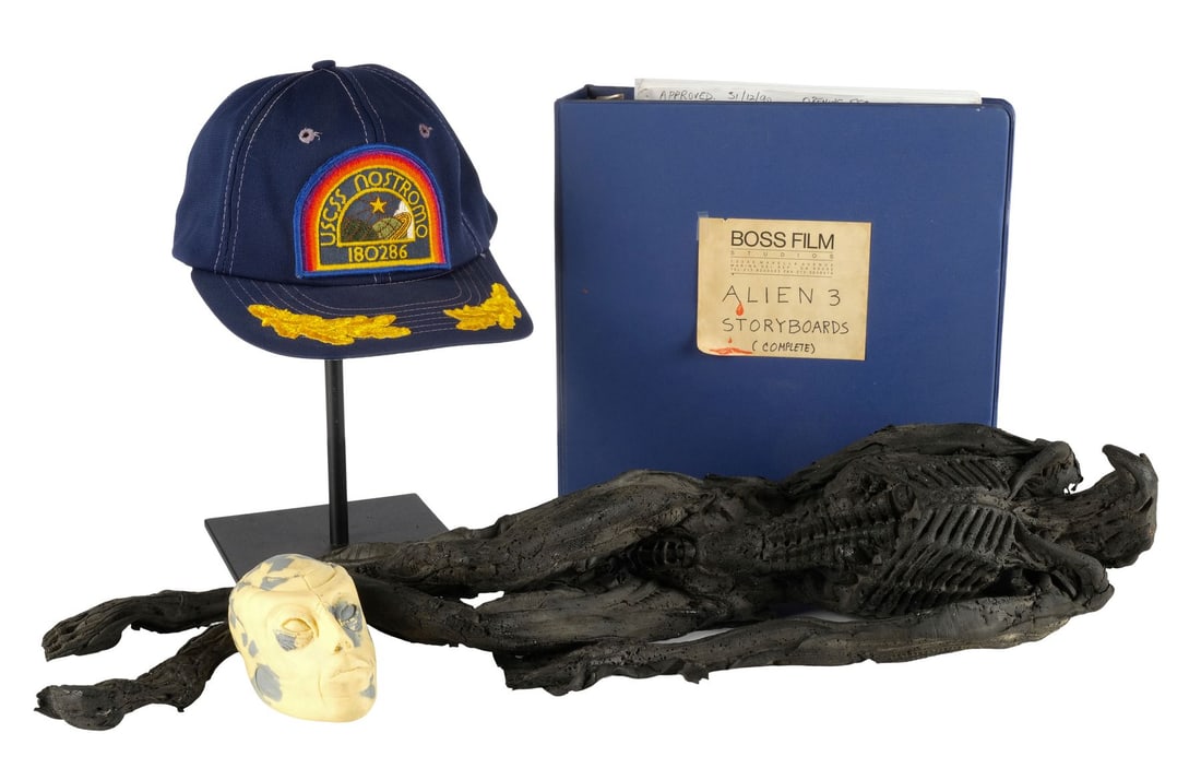 ALIEN - ALL ITEMS - Alien3 Xenomorph Puppet and Storyboard Binder with Nostromo Hat Replica and: ALIEN - ALL ITEMS - Alien3 Xenomorph Puppet and Storyboard Binder with Nostromo Hat Replica and Species Alien-Form Head Maquette - An Alien3 xenomorph puppet and storyboard binder from David Fincher's