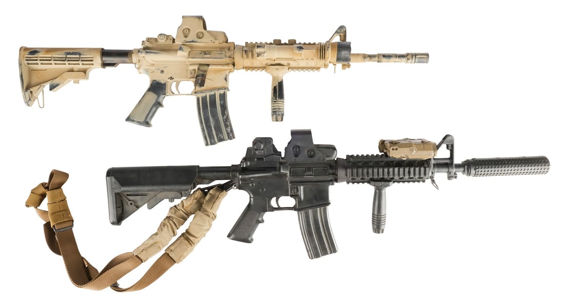 AMERICAN SNIPER (2014) - Dauber's (Kevin Lacz) Stunt AR-15 Rifle with Marc Lee's (Luke Grimes) Rifle: AMERICAN SNIPER (2014) - Dauber's (Kevin Lacz) Stunt AR-15 Rifle with Marc Lee's (Luke Grimes) Rifle - Dauber's (Kevin Lacz) stunt AR-15 Rifle with Marc Lee's (Luke Grimes) rifle from Clint