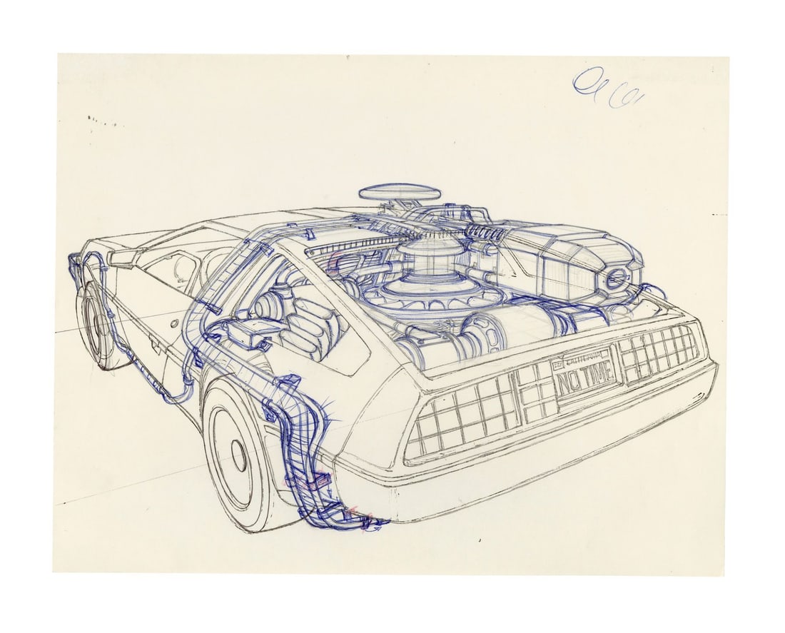 BACK TO THE FUTURE (1985) - Hand-Illustrated Andrew Probert DeLorean Exterior Prelim: BACK TO THE FUTURE (1985) - Hand-Illustrated Andrew Probert DeLorean Exterior Prelim - A prelim of the DeLorean time machine's exterior hand-drawn by renowned storyboard artist and concept designer