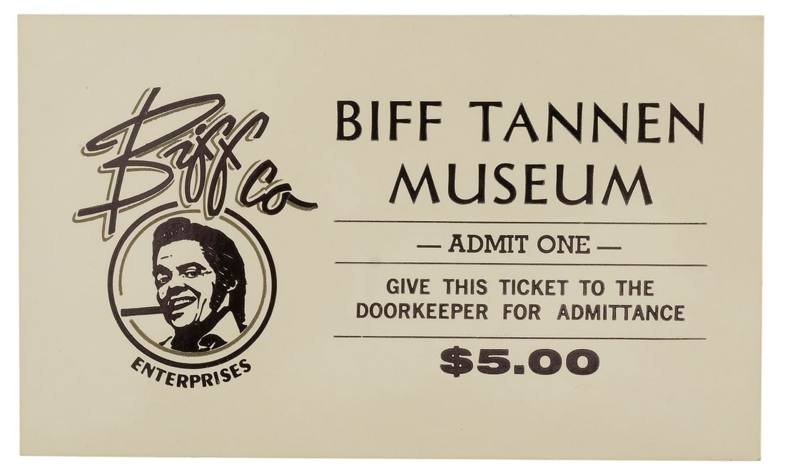 BACK TO THE FUTURE PART II (1989) - Biff Tannen Museum Ticket: BACK TO THE FUTURE PART II (1989) - Biff Tannen Museum Ticket - A Biff Tannen Museum ticket from the production of Robert Zemeckis' Back to the Future Part II. In an altered 1985, Marty McFly